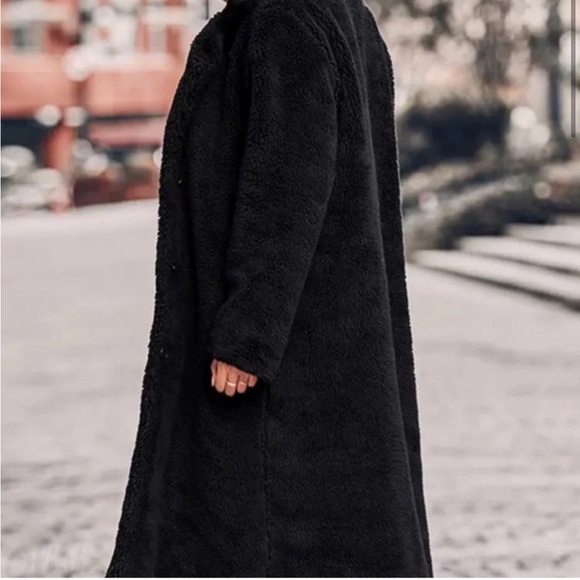 52 Black Sherpa Long Pocket Lined Cozy Chic Warm Thick Plush Teddy Faux Fur Coat - Picture 5 of 7